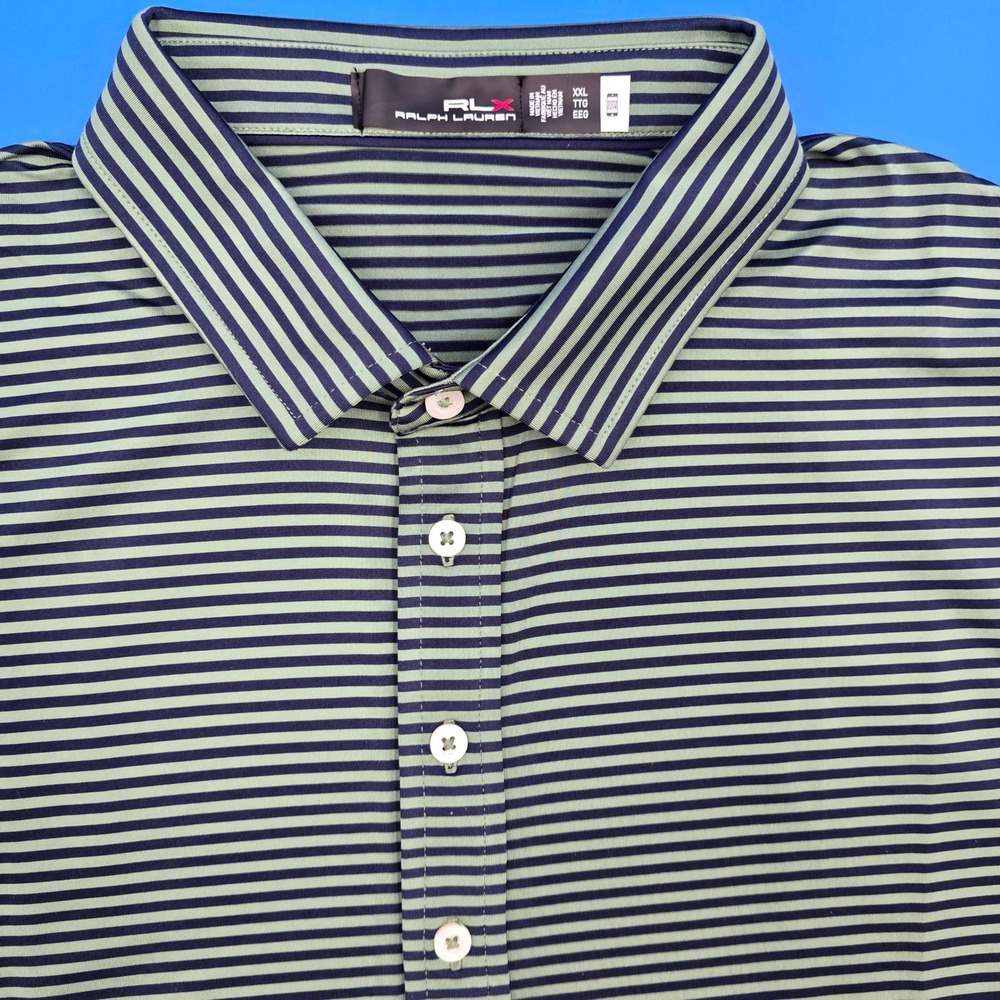 RLX Ralph Lauren Mens XXL Striped Performance‎ Golf Polo Shirt Navy Blue Green